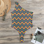 Mardi Gras Chevron Pattern Print One Shoulder Bodysuit