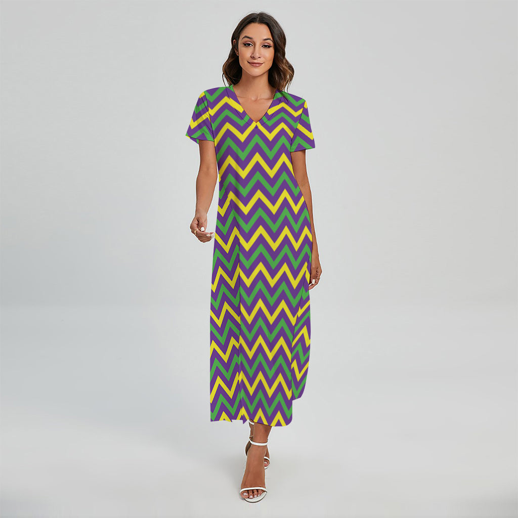 Mardi Gras Chevron Pattern Print Short Sleeve Maxi Dress