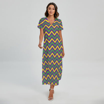 Mardi Gras Chevron Pattern Print Short Sleeve Maxi Dress