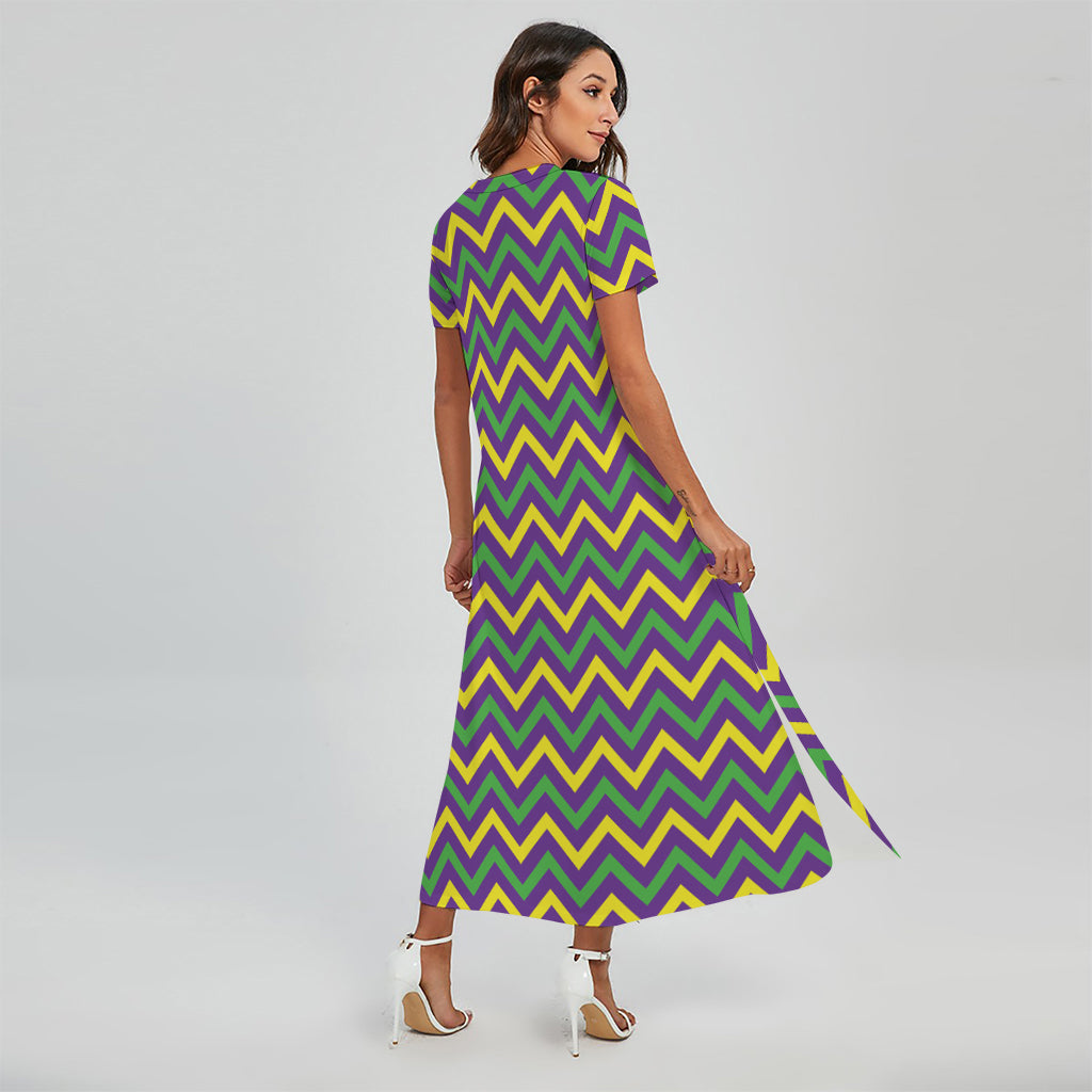 Mardi Gras Chevron Pattern Print Short Sleeve Maxi Dress
