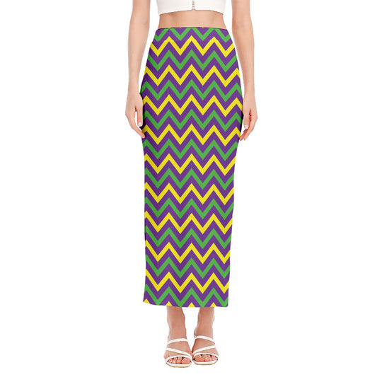 Mardi Gras Chevron Pattern Print Side Slit Maxi Skirt
