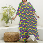 Mardi Gras Chevron Pattern Print Silk V-Neck Kaftan Dress