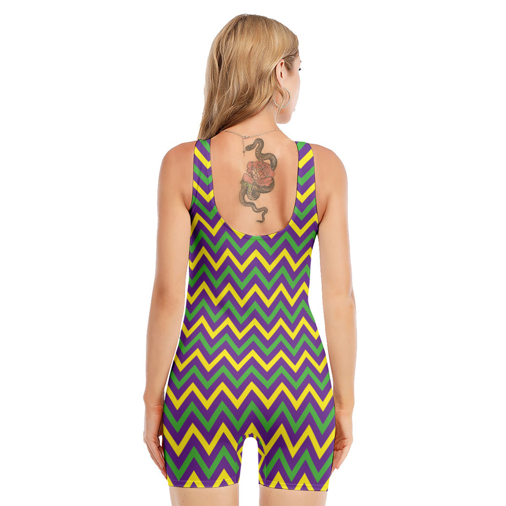 Mardi Gras Chevron Pattern Print Sleeveless One Piece Swimsuit
