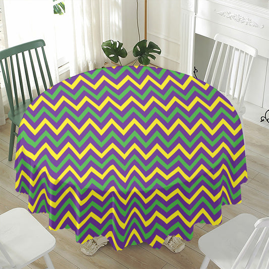 Mardi Gras Chevron Pattern Print Waterproof Round Tablecloth