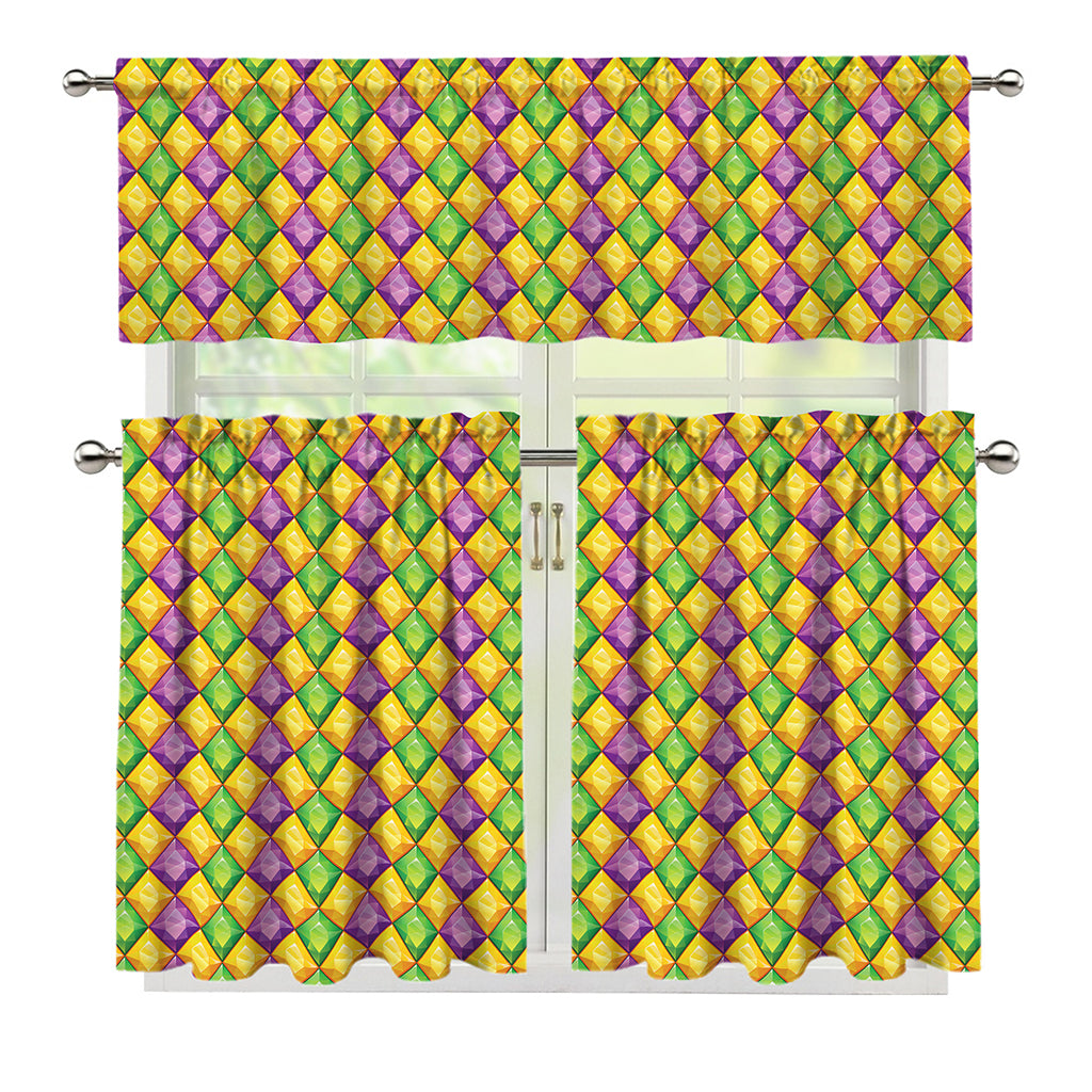 Mardi Gras Diamond Pattern Print 3 Piece Kitchen Curtains