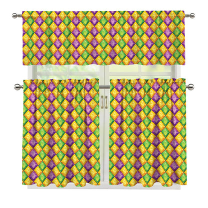 Mardi Gras Diamond Pattern Print 3 Piece Kitchen Curtains