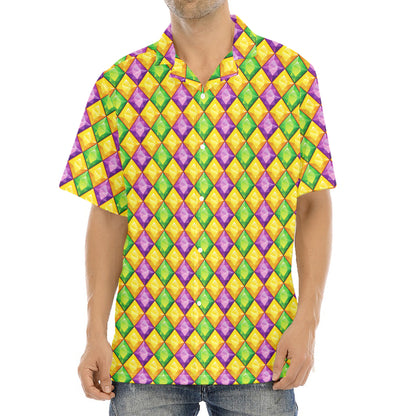 Mardi Gras Diamond Pattern Print Aloha Shirt