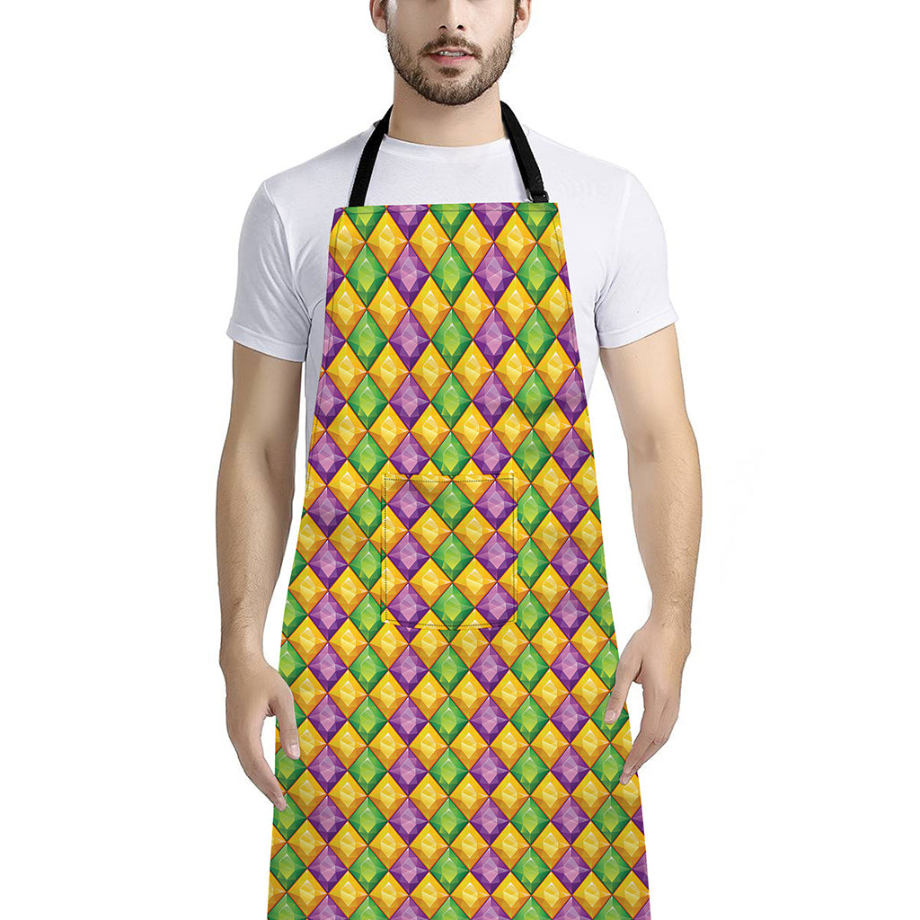 Mardi Gras Diamond Pattern Print Bib Apron With Pocket