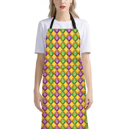 Mardi Gras Diamond Pattern Print Bib Apron With Pocket