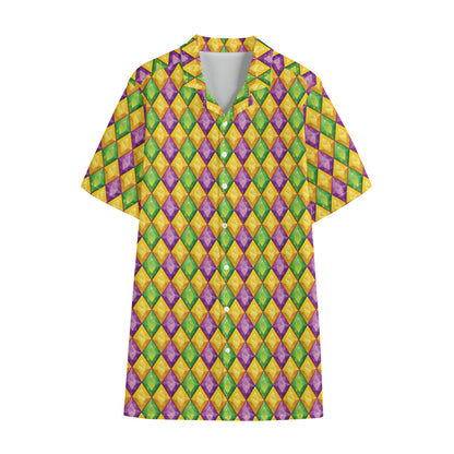 Mardi Gras Diamond Pattern Print Cotton Hawaiian Shirt