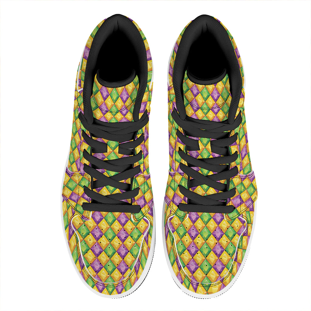 Mardi Gras Diamond Pattern Print High Top Leather Sneakers
