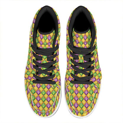 Mardi Gras Diamond Pattern Print High Top Leather Sneakers