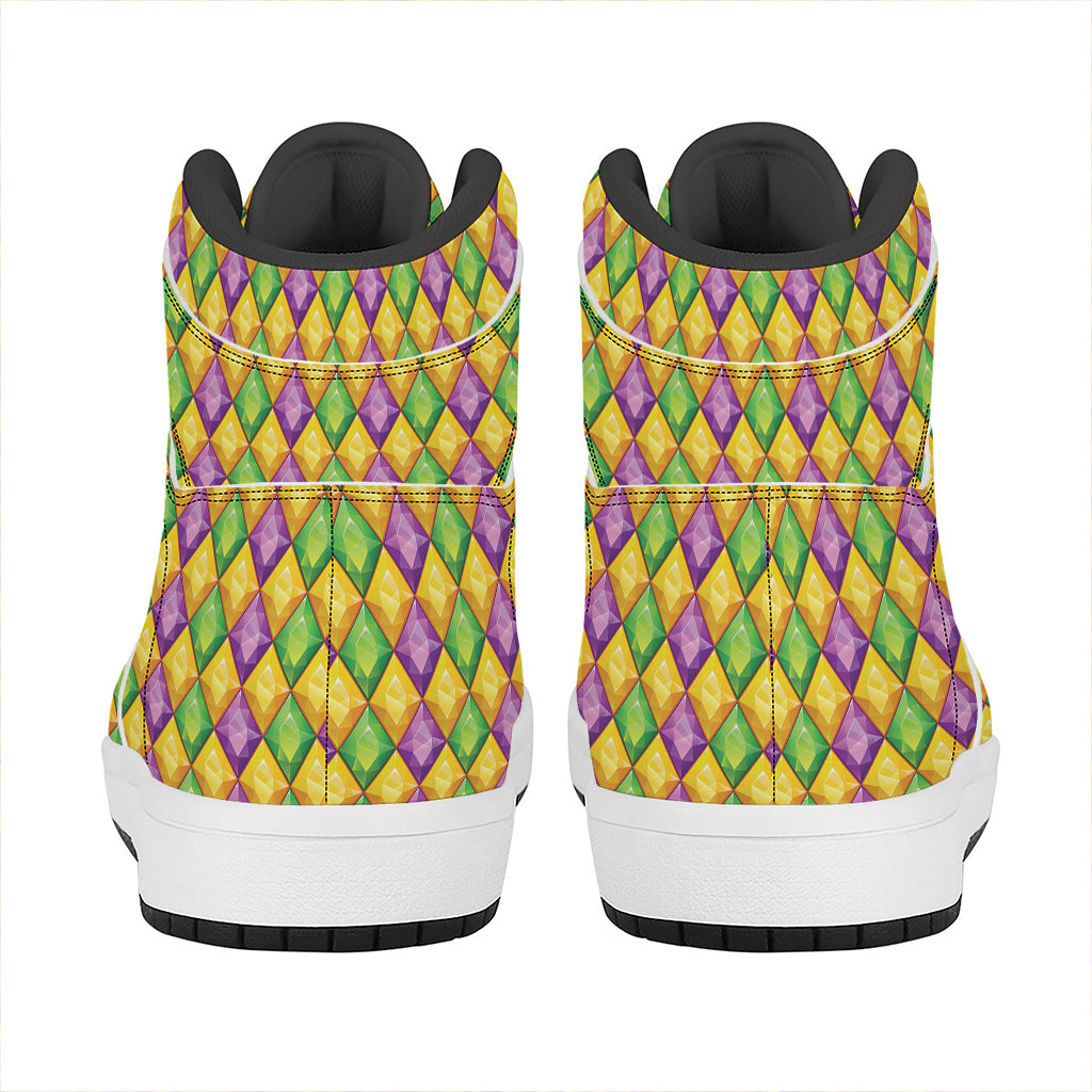 Mardi Gras Diamond Pattern Print High Top Leather Sneakers