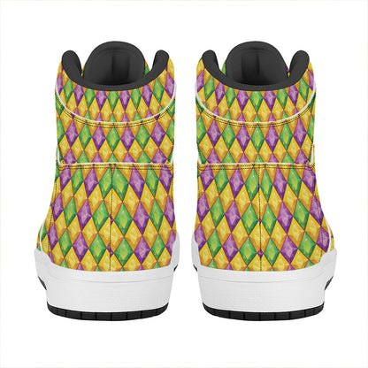 Mardi Gras Diamond Pattern Print High Top Leather Sneakers