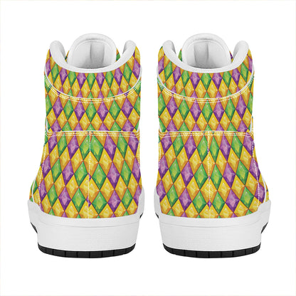 Mardi Gras Diamond Pattern Print High Top Leather Sneakers
