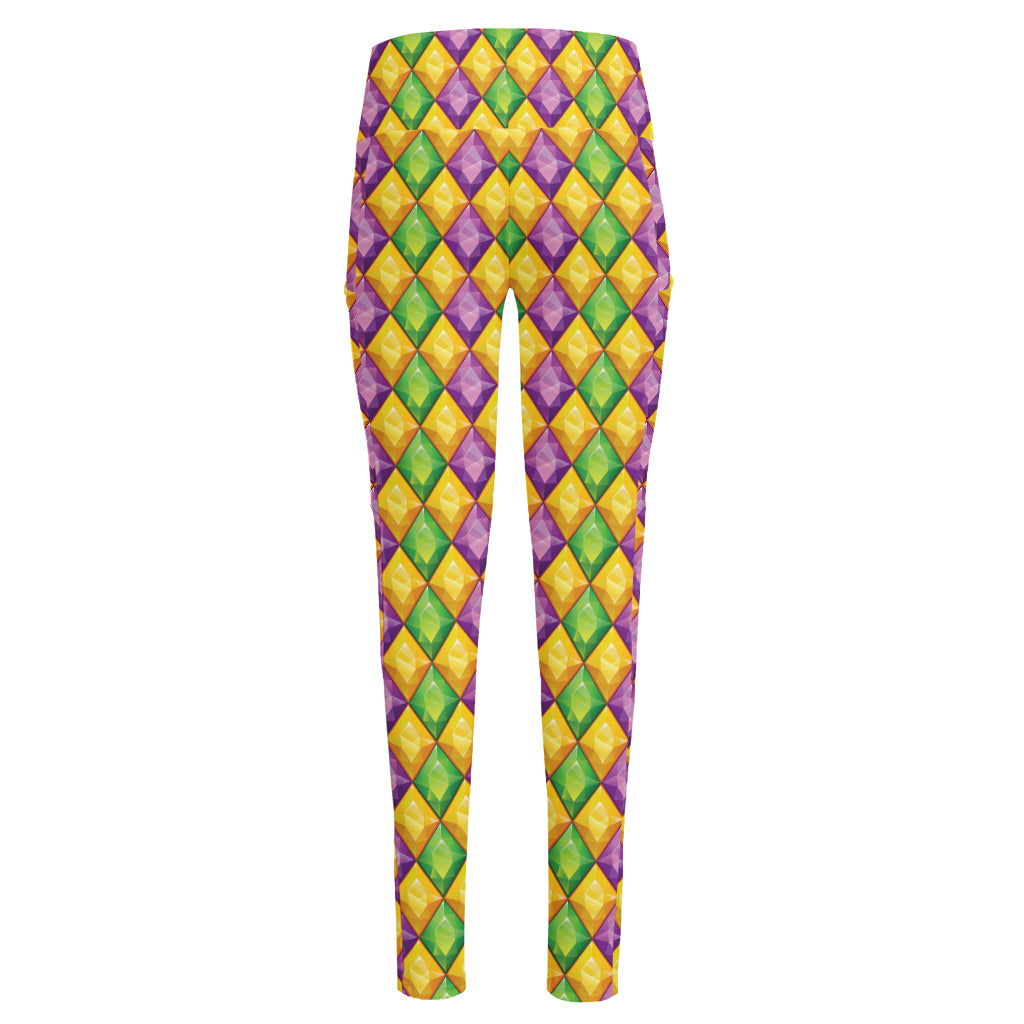 Mardi Gras Diamond Pattern Print High-Waisted Pocket Leggings
