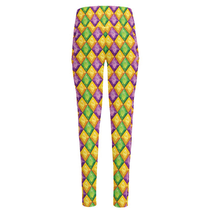 Mardi Gras Diamond Pattern Print High-Waisted Pocket Leggings