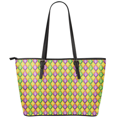 Mardi Gras Diamond Pattern Print Leather Tote Bag