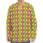 Mardi Gras Diamond Pattern Print Long Sleeve Baseball Jersey