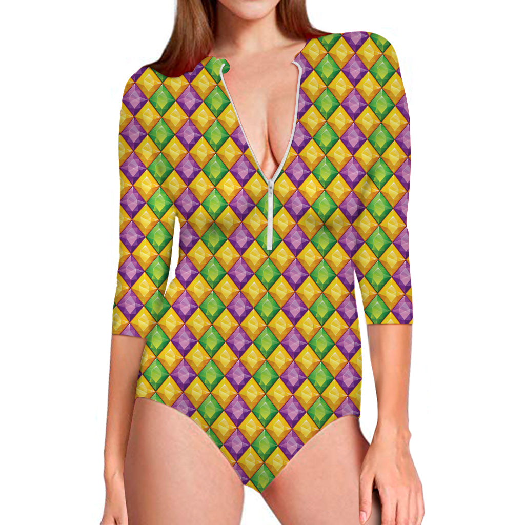 Mardi Gras Diamond Pattern Print Long Sleeve Swimsuit