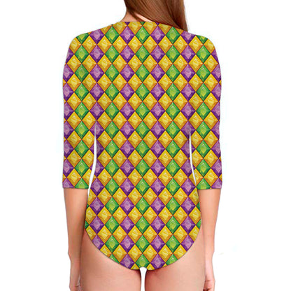 Mardi Gras Diamond Pattern Print Long Sleeve Swimsuit