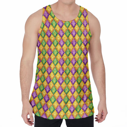Mardi Gras Diamond Pattern Print Men's Velvet Tank Top