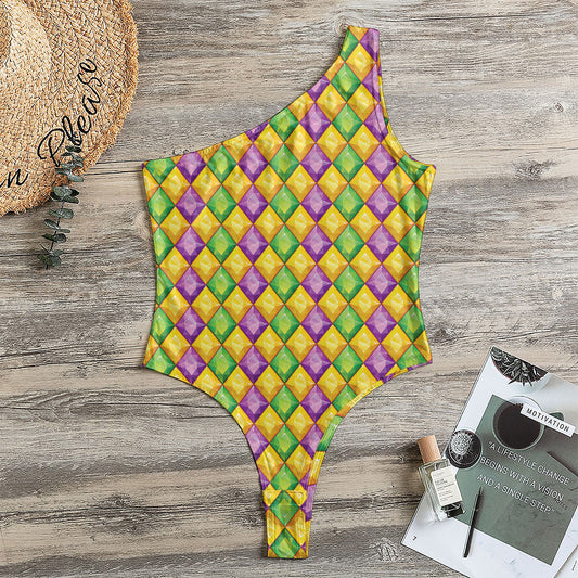 Mardi Gras Diamond Pattern Print One Shoulder Bodysuit