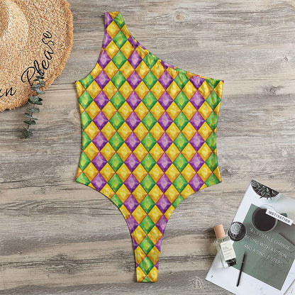 Mardi Gras Diamond Pattern Print One Shoulder Bodysuit