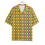 Mardi Gras Diamond Pattern Print Rayon Hawaiian Shirt