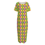 Mardi Gras Diamond Pattern Print Short Sleeve Long Nightdress