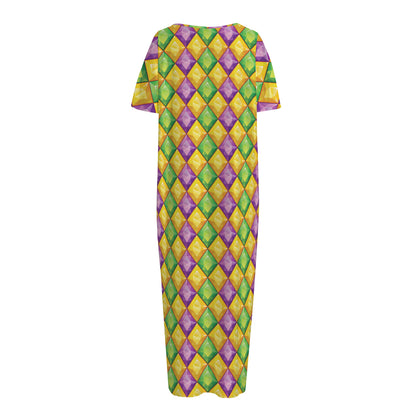 Mardi Gras Diamond Pattern Print Short Sleeve Long Nightdress