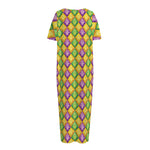 Mardi Gras Diamond Pattern Print Short Sleeve Long Nightdress