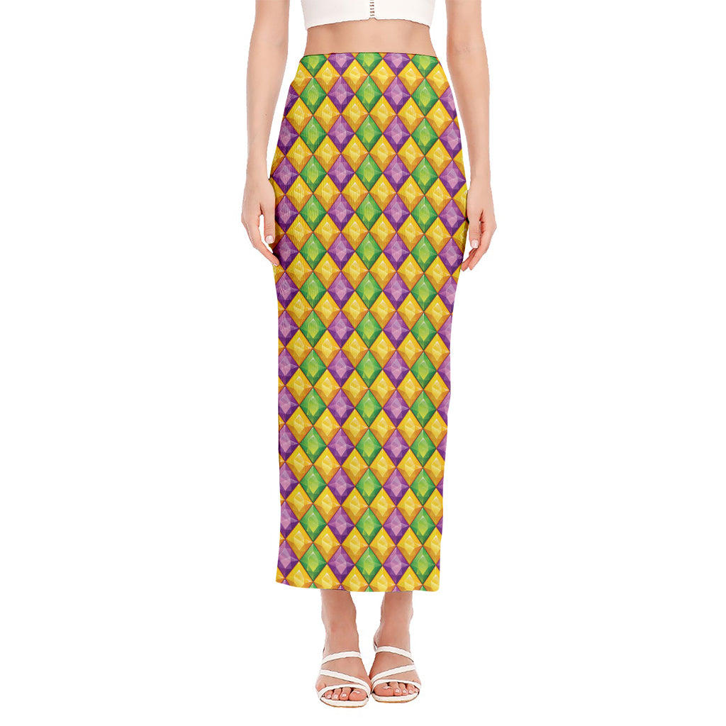 Mardi Gras Diamond Pattern Print Side Slit Maxi Skirt