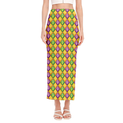 Mardi Gras Diamond Pattern Print Side Slit Maxi Skirt