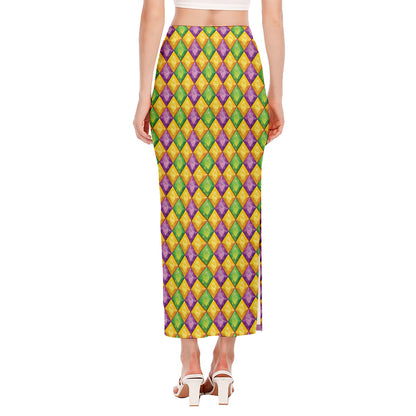Mardi Gras Diamond Pattern Print Side Slit Maxi Skirt