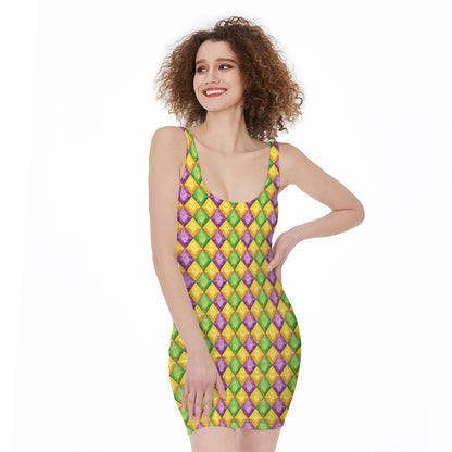 Mardi Gras Diamond Pattern Print Sleeveless Bodycon Dress