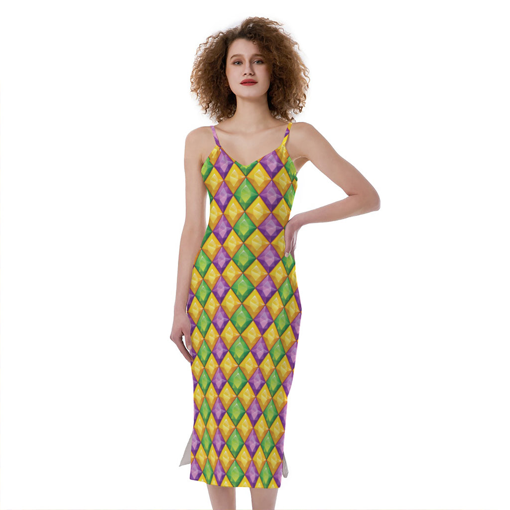 Mardi Gras Diamond Pattern Print Slim Fit Midi Cami Dress