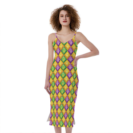Mardi Gras Diamond Pattern Print Slim Fit Midi Cami Dress