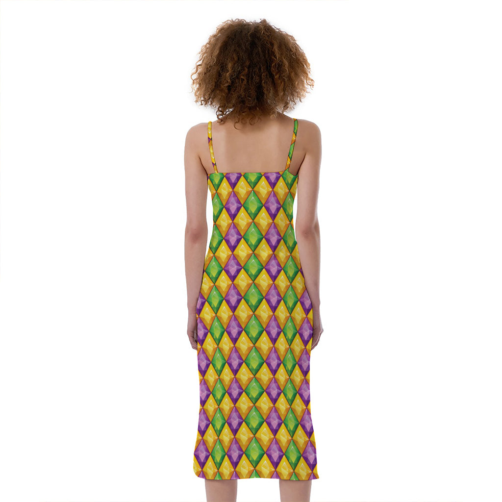 Mardi Gras Diamond Pattern Print Slim Fit Midi Cami Dress