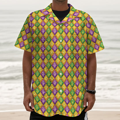 Mardi Gras Diamond Pattern Print Textured Short Sleeve Shirt