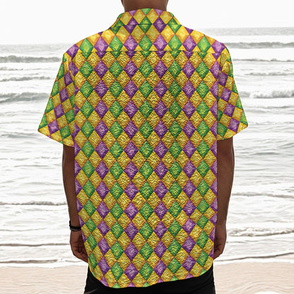 Mardi Gras Diamond Pattern Print Textured Short Sleeve Shirt