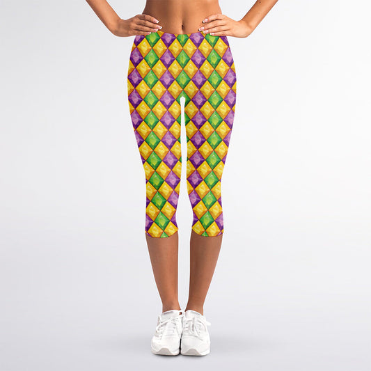 Mardi Gras Diamond Pattern Print Women's Capri Leggings
