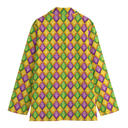 Mardi Gras Diamond Pattern Print Women's Cotton Blazer