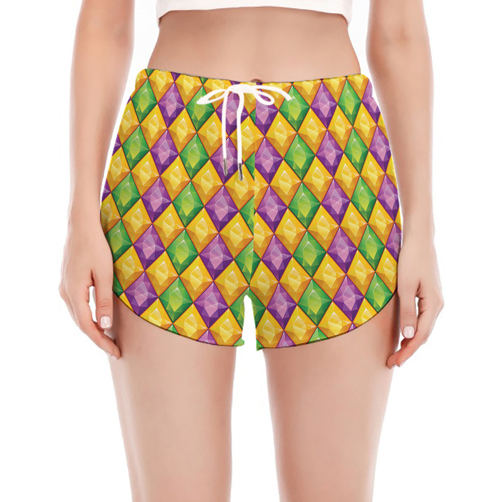 Mardi Gras Diamond Pattern Print Women's Split Running Shorts