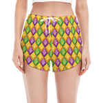 Mardi Gras Diamond Pattern Print Women's Split Running Shorts