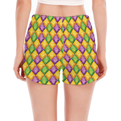 Mardi Gras Diamond Pattern Print Women's Split Running Shorts
