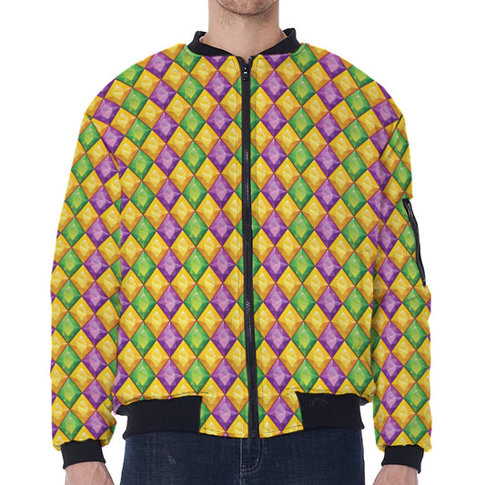 Mardi Gras Diamond Pattern Print Zip Sleeve Bomber Jacket