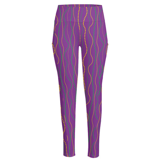 Mardi Gras Dot Pattern Print High-Waisted Pocket Leggings