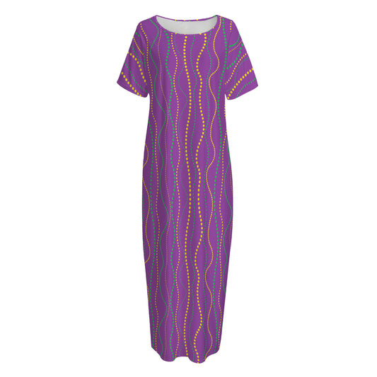 Mardi Gras Dot Pattern Print Short Sleeve Long Nightdress