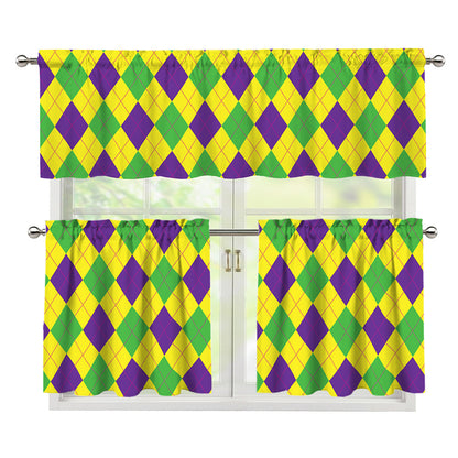 Mardi Gras Fat Tuesday Argyle Print 3 Piece Kitchen Curtains
